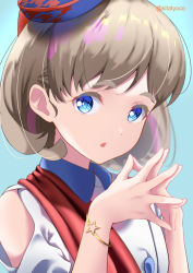 Rule 34 | 1girl, :o, blue eyes, bracelet, commentary, duplicate, english commentary, hat, jewelry, kitatyoco, light blue background, light brown hair, looking at viewer, love live!, love live! superstar!!, pixel-perfect duplicate, portrait, sash, short hair, solo, start!! true dreams (love live!), tang keke, twitter username
