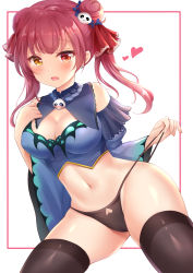 Rule 34 | 1girl, black panties, black thighhighs, blue dress, breasts, cleavage, cleavage cutout, clothing cutout, cosplay, double bun, dress, hair bun, hair ornament, hair ribbon, heart, heterochromia, highres, hololive, houshou marine, looking at viewer, medium breasts, nikoo, open mouth, panties, red eyes, red hair, red ribbon, ribbon, short hair, skull, skull hair ornament, smile, solo, thighhighs, twintails, underwear, uruha rushia, uruha rushia (1st costume), uruha rushia (cosplay), virtual youtuber, white background, yellow eyes