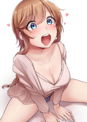 Rule 34 | 1girl, absurdres, blue eyes, blue panties, blush, braid, breasts, brown hair, cleavage, collarbone, drooling, hair between eyes, heart, highres, kantai collection, kiritto, large breasts, long hair, long sleeves, mouth drool, open mouth, panties, shirt, simple background, solo, teeth, teruzuki (kancolle), twin braids, underwear, upper teeth only, white background, white shirt