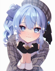 Rule 34 | 1girl, absurdres, artist name, beret, black gloves, black ribbon, blue bow, blue eyes, blue hair, blurry, blush, bow, brooch, closed mouth, commentary request, dated, depth of field, eyelashes, gloves, grey hat, grey jacket, hair between eyes, hair bow, hands up, hat, hat ribbon, highres, hololive, hoshimachi suisei, hoshimachi suisei (1st costume), jacket, jewelry, long hair, long sleeves, looking at viewer, partially fingerless gloves, plaid, plaid headwear, plaid jacket, ribbon, side ponytail, sidelocks, signature, simple background, solo, sparkle, star (symbol), star brooch, star in eye, symbol in eye, tears, upper body, virtual youtuber, white background, yuuyu (moco20111115)