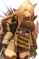 Rule 34 | 1girl, 360 (taiyo360), animal ears, arknights, belt, blonde hair, blush, breasts, ceobe (arknights), chromatic aberration, coat, collar, dog ears, fang, fang out, hair between eyes, highres, jacket, long hair, long sleeves, looking at viewer, medium breasts, multicolored clothes, multicolored jacket, open clothes, open jacket, open mouth, red eyes, smile, thighhighs, thighs, utility belt, weapon, weapon on back