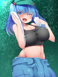 Rule 34 | 1girl, :d, black bra, blue eyes, blue hair, blue shirt, blush, bottle, bra, breasts, buta (uhoiiotoko), cleavage, clothes around waist, commentary request, cowboy shot, fang, flat cap, green hat, hair between eyes, hair bobbles, hair ornament, hat, holding, holding bottle, kawashiro nitori, large breasts, looking at viewer, medium hair, navel, one eye closed, open mouth, shiny skin, shirt, shirt around waist, short twintails, sidelocks, skin fang, smile, solo, tongue, touhou, towel, twintails, two side up, underwear, water bottle, white towel