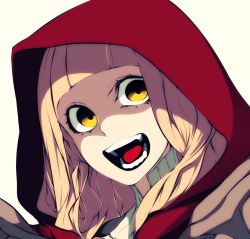 Rule 34 | 1girl, blonde hair, brown gloves, gloves, hood, hz (666v), looking at viewer, open mouth, portrait, red hood, red riding hood (sinoalice), shaded face, shirt, sinoalice, teeth, tongue, white background, white shirt, yellow eyes
