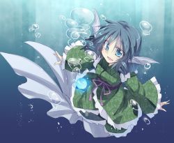 Rule 34 | 1girl, blue background, blue eyes, blue hair, bubble, dress, drill hair, fins, frills, gradient background, green dress, head fins, japanese clothes, long sleeves, matching hair/eyes, md5 mismatch, mermaid, monster girl, obi, open mouth, resized, ribbon, sash, satou kibi, smile, solo, touhou, underwater, wakasagihime, wide sleeves