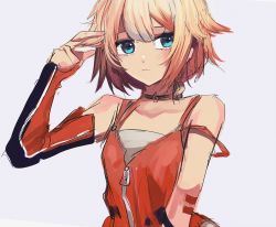 Rule 34 | 1girl, blue eyes, cevio, collarbone, commentary, detached sleeves, expressionless, gomiyama, hand up, highres, looking to the side, one (cevio), orange shirt, orange sleeves, platinum blonde hair, shirt, short hair, sketch, sleeves past wrists, solo, spaghetti strap, upper body, zipper