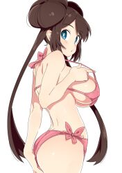 Rule 34 | 1girl, alternate breast size, bikini, blue eyes, breasts, brown hair, creatures (company), double bun, game freak, hair bun, highres, large breasts, looking at viewer, looking to the side, nintendo, pink bikini, pokemon, pokemon bw2, rosa (pokemon), sideboob, simple background, solo, swimsuit, tottotonero, twintails, underboob, white background