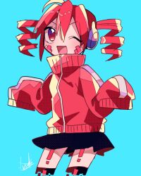 Rule 34 | 1girl, blue background, cosplay, digital dissolve, drill hair, ene (kagerou project), ene (kagerou project) (cosplay), facial mark, high collar, jacket, kagerou project, kasane teto, long sleeves, one eye closed, open mouth, red eyes, red hair, robot ears, skirt, sleeves past wrists, smile, solo, thighhighs, track jacket, twin drills, utau, yuusuke-kun