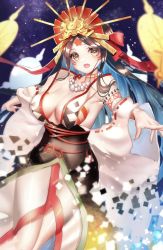 Rule 34 | 1girl, bare shoulders, bead necklace, beads, body markings, breasts, brown hair, chiachun0621, cleavage, collarbone, facial mark, fate/grand order, fate (series), forehead, forehead mark, headpiece, highres, himiko (fate), himiko (third ascension) (fate), japanese clothes, jewelry, kimono, large breasts, long hair, looking at viewer, mirror, necklace, night, night sky, off shoulder, open mouth, sash, sky, smile, solo, star (sky), starry sky, thighs, topknot, twintails, white kimono, yellow eyes
