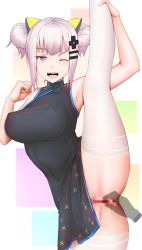Rule 34 | 1girl, ;d, alternate costume, alternate hairstyle, anus, black dress, blue eyes, breasts, censored, china dress, chinese clothes, covered erect nipples, disembodied hand, dress, fingering, flexible, ginhaha, hair bun, hair ornament, heart, heart-shaped pupils, kaguya luna, large breasts, leg up, looking at viewer, mosaic censoring, no panties, one eye closed, open mouth, pussy, pussy juice, saliva, silver hair, single hair bun, smile, solo focus, split, standing, standing on one leg, standing split, symbol-shaped pupils, the moon studio, thighhighs, virtual youtuber, white thighhighs