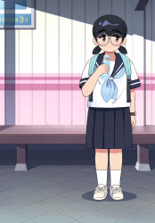 Rule 34 | 1girl, absurdres, aragon honnin, black hair, black skirt, blue eyes, blue neckerchief, blush, bottle, closed mouth, expressionless, glasses, grey-framed eyewear, highres, holding, holding bottle, low twintails, neckerchief, original, pleated skirt, round eyewear, shoes, short hair, short sleeves, short twintails, skirt, smartwatch, sneakers, socks, solo, swept bangs, twintails, watch, water bottle, white footwear, white socks, wristwatch