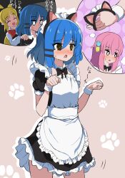 Rule 34 | 3girls, @ @, ahoge, alternate costume, animal ears, apron, black bow, black bowtie, black dress, blonde hair, blue hair, blush, bocchi the rock!, bow, bowtie, cat ears, cat tail, closed eyes, cube hair ornament, dress, embarrassed, enmaided, fake animal ears, frilled apron, frills, gotoh hitori, hair between eyes, hair ornament, hairclip, highres, ijichi nijika, long hair, maid, maid apron, maid headdress, mole, mole under eye, multiple girls, multiple views, nervous sweating, open mouth, paw pose, paw print, pink hair, puffy short sleeves, puffy sleeves, red bow, school uniform, short hair, short sleeves, side ponytail, sidelocks, solo focus, sweat, tail, user hdma2444, white apron, wrist cuffs, yamada ryo, yellow eyes, yuri