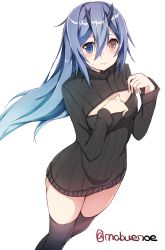 Rule 34 | 1girl, aqua hair, bad id, bad pixiv id, black thighhighs, blue eyes, blue hair, blush, breasts, cleavage cutout, clothing cutout, female focus, gradient hair, hair between eyes, heterochromia, highres, horns, io (pso2), kurebayashi noe, looking at viewer, matching hair/eyes, md5 mismatch, meme attire, multicolored hair, open-chest sweater, open mouth, phantasy star, phantasy star online 2, ribbed sweater, short hair, simple background, solo, sweater, thighhighs, turtleneck, twitter username, white background, yellow eyes