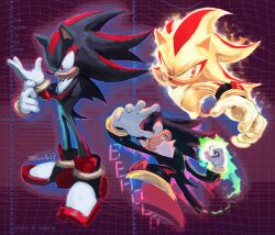 Rule 34 | 1boy, absurdres, adjusting clothes, adjusting gloves, black footwear, clenched hand, commentary, english commentary, english text, furry, furry male, gloves, glowing, highres, kornart, multicolored footwear, multiple views, red eyes, red footwear, shadow the hedgehog, shadow the hedgehog (game), sonic (series), super shadow, twitter username, white footwear, white gloves