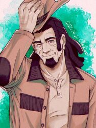 Rule 34 | 1boy, artist name, bandaid, bandaid on face, beard, brown hat, brown jacket, chief (megalo box), chihiro (jnkch6), dated, dreadlocks, facial hair, hand up, hat, jacket, long hair, looking at viewer, megalo box, one eye closed, shirt, solo, unworn hat, unworn headwear, upper body, white shirt