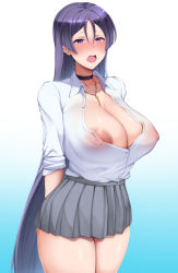 Rule 34 | 1girl, areola slip, arms behind back, blue background, blush, breasts, center opening, choker, cleavage, collarbone, collared shirt, contemporary, covered erect nipples, dantes ward, dress shirt, fate/grand order, fate (series), gradient background, grey skirt, highres, jewelry, large areolae, large breasts, long hair, long sleeves, looking at viewer, minamoto no raikou (fate), miniskirt, necklace, no bra, open mouth, parted bangs, purple eyes, purple hair, see-through, shirt, skirt, sleeves rolled up, thighs, very long hair, white shirt