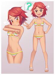 Rule 34 | 1girl, :d, ?, absurdres, bikini, blush, border, breasts, brown eyes, child, closed mouth, collarbone, commentary, creatures (company), english commentary, eyelashes, game freak, gazing eye, gluteal fold, grey background, hand on own hip, highres, knees, multiple views, navel, nintendo, open mouth, pokemon, pokemon masters ex, red hair, sandals, smile, sparkle, spoken question mark, standing, striped bikini, striped clothes, swept bangs, swimsuit, teeth, tina (pokemon), toes, tongue, upper teeth only, v, white border