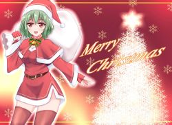 Rule 34 | 1girl, :d, bad id, bad pixiv id, blush, breasts, capelet, cleavage, dress, fur trim, hat, highres, kazami yuuka, merry christmas, open mouth, red eyes, red thighhighs, sack, santa costume, santa hat, short dress, short hair, smile, snowflakes, solo, thighhighs, touhou, wendell