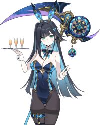 1girl abigail_(black_survival) abigail_(poker_face)_(black_survival) absurdres alcohol animal_ears bare_arms bare_shoulders belt black_hair black_leotard black_survival blue_bow blue_hair blue_hairband blue_leotard bow breasts champagne closed_mouth colored_inner_hair cup dalgam12 dice eternal_return:_black_survival fake_animal_ears gold_trim green_eyes hair_intakes hair_ornament hairband hairclip hand_up highleg highleg_leotard highres holding holding_scythe large_breasts leotard long_hair looking_at_viewer multicolored_hair official_alternate_costume scythe v