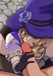 Rule 34 | 1boy, 1girl, absurdres, black gloves, black thighhighs, blush, breasts, brown hair, clothed female nude male, cobblestone, dress, flower, genshin impact, gloves, green eyes, handjob, hat, hetero, highres, kissing penis, laundrymom, lisa (genshin impact), medium breasts, nude, penis, penis grab, purple dress, rose, shiny skin, sweat, thighhighs, uncensored, witch hat