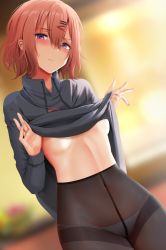 Rule 34 | 1girl, backlighting, black pantyhose, blurry, blurry background, blush, breasts, closed mouth, clothes lift, covered navel, cowboy shot, crotch seam, depth of field, drawstring, dutch angle, ginhaha, grey sweater, hair between eyes, hair ornament, hairclip, highres, higuchi madoka, idolmaster, idolmaster shiny colors, lifted by self, long sleeves, looking at viewer, mole, mole under eye, nail polish, no bra, panties, panties under pantyhose, pantyhose, purple eyes, purple nails, red hair, short hair, small breasts, solo, sweater, sweater lift, thighband pantyhose, underboob, underwear, white panties