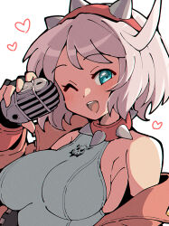 Rule 34 | 1girl, ahoge, aqua eyes, bare shoulders, black gloves, blush, bracelet, breasts, collar, elphelt valentine, fingerless gloves, gloves, guilty gear, guilty gear strive, hairband, highres, holding, holding microphone, huge ahoge, itsuka neru, jacket, jewelry, large breasts, looking at viewer, microphone, off shoulder, one eye closed, open mouth, pink hairband, pink jacket, short hair, skull print, smile, spiked bracelet, spiked collar, spiked hairband, spikes, upper body, white hair