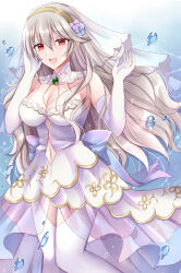 1girl alternate_costume bare_shoulders breasts bridal_veil cleavage clothing_cutout collar corrin_(female)_(fire_emblem) corrin_(fire_emblem) dress elbow_gloves fire_emblem fire_emblem_fates gem gloves gold_trim green_gemstone grey_hair hairband highres kirishima_riona long_hair looking_at_viewer navel_cutout nintendo open_mouth red_eyes smile solo thighhighs veil water wedding_dress white_gloves white_thighhighs zettai_ryouiki