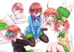 Rule 34 | 5girls, :d, absurdres, ahoge, between legs, black cardigan, black ribbon, black socks, blue cardigan, blue eyes, blush, bow, breasts, brown footwear, brown hair, brown legwear, cardigan, closed mouth, collared shirt, commentary request, dress, go-toubun no hanayome, green bow, green ribbon, green skirt, hair between eyes, hair ornament, hair ribbon, hand between legs, headphones, headphones around neck, highres, honorikiti, kneehighs, legs up, loafers, long hair, long sleeves, looking at viewer, lying, medium breasts, multiple girls, nakano ichika, nakano itsuki, nakano miku, nakano nino, nakano yotsuba, on side, on stomach, open cardigan, open clothes, open mouth, pantyhose, parted lips, pleated skirt, ribbon, shirt, shoes, short sleeves, siblings, sisters, sitting, skirt, sleeves past wrists, smile, socks, star (symbol), star hair ornament, sweater vest, teeth, thighhighs, twitter username, two side up, upper teeth only, wariza, white background, white legwear, white shirt