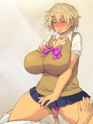 Rule 34 | 1girl, black pubic hair, blonde hair, blush, bow, bowtie, breasts, breath, censored, cleavage, closed eyes, clothing aside, female pubic hair, from below, girl on top, grabbing own breast, groin, hand on own chest, hand up, highres, huge breasts, legs, light blush, lying, mosaic censoring, nail polish, nose blush, original, panties, panties aside, pantyshot, penis, pink bow, pink nails, pubic hair, pussy, school uniform, sex, short hair, simple background, skirt, solo focus, thighs, underwear, vaginal, vest, yoko juusuke