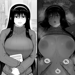 Rule 34 | 1boy, 1girl, absurdres, arms up, blush, book, breasts, breasts out, breath, closed eyes, condom, condom wrapper, game console, genshiken, glasses, greyscale, guhanshounen, hairband, heart, hetero, highres, holding, holding book, huge breasts, indoors, instant loss, long hair, lying, mole, mole under eye, mole under mouth, monochrome, navel, nipples, on back, oono kanako, open mouth, playstation 1, ribbed sweater, round eyewear, sex, smile, speech bubble, spoken heart, sweater, torso grab, turtleneck, turtleneck sweater