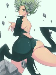 Rule 34 | absurdres, ass, ass focus, bare back, bare shoulders, green eyes, green hair, highres, one-punch man, opalis, tatsumaki, torn clothes