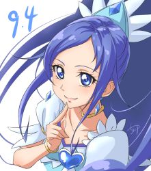 Rule 34 | 1girl, blue eyes, blue hair, bracelet, brooch, chocokin, closed mouth, cure diamond, dated, dokidoki! precure, heart, heart brooch, hishikawa rikka, jewelry, lips, long hair, looking at viewer, magical girl, ponytail, precure, simple background, smile, solo, upper body, white background