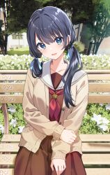 Rule 34 | 1girl, bench, blue eyes, blue hair, blush, brown shirt, brown skirt, building, bush, buttons, cardigan, collarbone, commentary, cowboy shot, day, dot nose, hair between eyes, head tilt, highres, holding own arm, link! like! love live!, long bangs, long hair, long skirt, long sleeves, looking at viewer, love live!, low twintails, mole, mole on neck, murano sayaka, neckerchief, open cardigan, open clothes, open mouth, outdoors, park bench, pleated skirt, red neckerchief, sailor collar, school uniform, serafuku, shirt, siokazunoko, sitting, skirt, sleeve cuffs, sleeves past wrists, smile, solo, tree, twintails, virtual youtuber, white sailor collar
