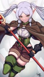 Rule 34 | 1girl, absurdres, artist name, black bow, black gloves, black thighhighs, boots, bow, breasts, brown cape, brown shorts, caiman pool, cape, cosplay, frieren, gloves, goblin slayer!, green eyes, green footwear, hair bow, high elf archer (goblin slayer!), high elf archer (goblin slayer!) (cosplay), highres, holding, holding staff, long hair, looking at viewer, pointy ears, shorts, sidelocks, small breasts, smile, solo, sousou no frieren, staff, thigh boots, thighhighs, twintails, white hair