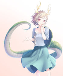 Rule 34 | 1girl, :d, antlers, blonde hair, blue ribbon, blue shirt, blue skirt, blush, collarbone, commentary request, dragon girl, dragon tail, feet out of frame, gradient background, hand on own face, horns, kicchou yachie, looking at viewer, midorino eni, open mouth, pink background, red eyes, ribbon, scales, shirt, short hair, short sleeves, skirt, smile, solo, standing, swept bangs, tail, touhou