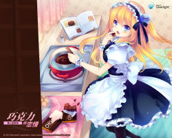 Rule 34 | 1girl, aizawa hikaru, blonde hair, blue eyes, candy, chocolate, chocolate bar, food, frilled pantyhose, hair ornament, long hair, maid, maid headdress, microsoft, official art, official wallpaper, open mouth, pantyhose, pot, silverlight, smile, solo, stove, two side up, valentine, wallpaper