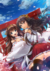Rule 34 | 10s, 2girls, :d, back, bare shoulders, black legwear, blue sky, boots, brown hair, cherry blossoms, cloud, day, detached sleeves, double bun, frilled skirt, frills, hair ornament, hairband, holding hands, haruna (kancolle), headgear, japanese clothes, kantai collection, kongou (kancolle), long hair, looking back, multiple girls, nontraditional miko, open mouth, petals, ribbon-trimmed sleeves, ribbon trim, shimotsukiriya, skirt, sky, smile, thigh boots, thighhighs, torii
