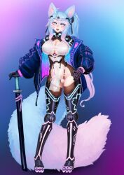 Rule 34 | 1girl, :d, ahoge, animal ear fluff, animal ears, barbariank, blue background, blue eyes, blue hair, breasts, cameltoe, cleavage, cleft of venus, commentary, cyberpunk, english commentary, full body, gluteal fold, gradient background, gradient hair, hair between eyes, hand on hilt, hand on own hip, highres, indie virtual youtuber, jacket, katana, large breasts, large tail, light blush, long hair, looking at viewer, mechanical arms, mechanical legs, multicolored background, multicolored hair, multicolored tail, off shoulder, open clothes, open jacket, open mouth, pelvic curtain, pink hair, planted, planted sword, planted weapon, purple background, revision, sheath, sheathed, side ponytail, silvervale, simple background, smile, solo, standing, swept bangs, sword, tail, very long hair, virtual youtuber, weapon, wolf ears, wolf girl, wolf tail
