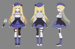 Rule 34 | 1girl, artist request, black gloves, black pantyhose, blonde hair, blue footwear, blue hat, blue skirt, character sheet, check artist, closed mouth, cropped jacket, dokibird (vtuber), dokibird (vtuber) (retro doki), dress, fingerless gloves, full body, gloves, green eyes, grey background, grey jacket, hat, highres, indie virtual youtuber, jacket, klaeia, long hair, long sleeves, multiple views, official art, open clothes, open jacket, pantyhose, simple background, single leg pantyhose, skirt, smile, twintails, virtual youtuber