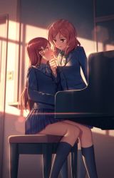 Rule 34 | 10s, 2girls, blazer, blush, bow, bowtie, classroom, eye contact, female focus, grabbing another&#039;s chin, hair ornament, hairclip, hand on another&#039;s chin, in-franchise crossover, indoors, instrument, jacket, knees together feet apart, lens flare, long hair, long sleeves, looking at another, love live!, love live! school idol project, love live! sunshine!!, multiple girls, nagareboshi, nishikino maki, open mouth, piano, piano bench, pleated skirt, purple eyes, red hair, sakurauchi riko, school, school uniform, short hair, sitting, skirt, standing, window shadow, yellow eyes, yuri