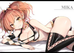 Rule 34 | 10s, 1girl, argyle, ass, bed sheet, between legs, bikini, bikini top only, black thighhighs, breasts, character name, cleavage, clothing cutout, collarbone, crop top, cross-laced clothes, cross-laced cutout, earrings, hand between legs, idolmaster, idolmaster cinderella girls, jewelry, jougasaki mika, large breasts, letterboxed, looking at viewer, luse maonang, lying, on side, parted lips, pink hair, short shorts, shorts, smile, solo, stud earrings, swimsuit, thighhighs, thighs, twintails, underboob, wavy hair, white background, yellow eyes