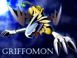 Rule 34 | artist request, character name, claws, digimon, digimon (creature), flying, full body, griffomon, griffon, helmet, looking at viewer, multiple heads, night, night sky, open mouth, sharp teeth, sky, snake tail, solo, tail, teeth, wings, yellow eyes