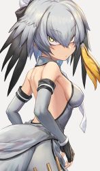 Rule 34 | 10s, 1girl, adapted costume, backless dress, backless outfit, bare back, black gloves, black hair, breasts, china dress, chinese clothes, dress, elbow gloves, fingerless gloves, from behind, gloves, grey hair, guchico, hair between eyes, hair bun, head wings, kemono friends, looking at viewer, medium breasts, medium hair, multicolored hair, orange hair, shoebill (kemono friends), sideboob, single hair bun, solo, tsurime, wings, yellow eyes