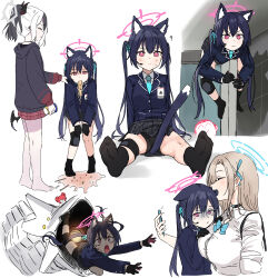 Rule 34 | 1boy, 3girls, ?, aak, absurdres, animal ear fluff, animal ears, asuna (blue archive), between legs, bike shorts, bike shorts under skirt, binah (blue archive), black choker, black gloves, black hair, black hoodie, black horns, black skirt, black socks, blue archive, blue halo, blue jacket, blue ribbon, blush, breasts, cat ears, cat tail, cellphone, character request, choker, closed eyes, closed mouth, collared shirt, commentary request, doodle sensei (blue archive), ear piercing, fang, gloom (expression), gloves, grey halo, hair ribbon, halo, hand on another&#039;s chest, hand on another&#039;s shoulder, hands on own knees, headset, highres, hood, hoodie, horns, id card, jacket, kayoko (blue archive), knee brace, large breasts, long hair, long sleeves, multicolored hair, multiple girls, multiple views, nazomaki (blue archive), open mouth, phone, piercing, pink halo, red skirt, ribbon, sensei (blue archive), serika (blue archive), shirt, single wing, skirt, small breasts, smartphone, socks, split mouth, sweatdrop, tail, tail between legs, twintails, two-tone hair, vomiting, white background, white shirt, wings