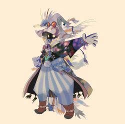 Rule 34 | 1boy, absurdres, alexandra nyerges, beads, beige background, boots, bracelet, clenched hand, covered mouth, eyeball, feathers, final fantasy, gloves, glowing, glowing eyes, goggles, hat, highres, jewelry, male focus, open hand, shaded face, simple background, solo, standing
