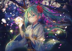 Rule 34 | 1girl, bad id, bad pixiv id, blush, branch, burning, candle, candlelight, closed mouth, commentary, eyebrows hidden by hair, fire, floating hair, floral print, flower, goyain, green eyes, green hair, hair between eyes, hair flower, hair ornament, hands up, hatsune miku, highres, japanese clothes, kimono, long hair, long sleeves, looking away, obi, print kimono, red flower, sash, smile, solo, twintails, very long hair, vocaloid, white kimono, wide sleeves