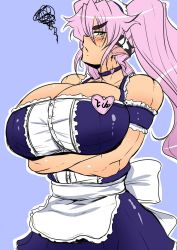 Rule 34 | 1girl, angry, animal ears, animal print, apron, arms under breasts, bare shoulders, blue background, blush, breasts, bursting breasts, choker, cleavage, collar, cow ears, cow girl, cow print, cowboy shot, crossed arms, dress, eyebrows, female focus, green eyes, heart, highres, huge breasts, kuhdelka charolais, long hair, long twintails, looking at viewer, maid, matsumoto katsuya, mole, original, pink hair, purple hair, shiny clothes, shiny skin, skindentation, solo, solo focus, sweat, thick eyebrows, twintails