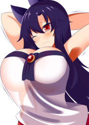 Rule 34 | 1girl, animal ears, armpits, arms behind head, arms up, black hair, breasts, brooch, cleavage, dress, gero zoukin, hair between eyes, highres, huge breasts, imaizumi kagerou, jewelry, long hair, one eye closed, red eyes, see-through, simple background, sleeveless, sleeveless dress, solo, stretching, touhou, upper body, very long hair, white background, wolf ears, wolf girl