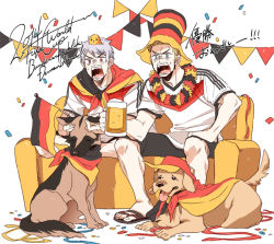 Rule 34 | 2014 fifa world cup, 2boys, alcohol, axis powers hetalia, bad id, bad pixiv id, banner, beer, blonde hair, blue eyes, confetti, dog, full body, german flag, german text, germany, germany (hetalia), hat, hr0518, male focus, multiple boys, open mouth, partially translated, prussia (hetalia), red eyes, sandals, short hair, shorts, silver hair, sitting, soccer, soccer uniform, sportswear, translation request, white background, world cup