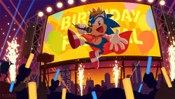 Rule 34 | amy rose, anniversary, audience, birthday, cape, crown, froggy (sonic), furry, furry male, gloves, holding glowstick, mighty the armadillo, official art, open mouth, ray the flying squirrel, shoes, smile, sneakers, sonic (series), sonic the hedgehog, sonic the hedgehog (classic), sparks, stage lights, sunset, tails (sonic), uno yuuji, white gloves