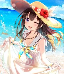 Rule 34 | 1girl, alternate costume, amagai tarou, ankimo (tokino sora), armpits, blue eyes, blue sky, bracelet, breasts, brown hair, cleavage, clothes lift, collarbone, day, dress, dress lift, flower, hat, hibiscus, hololive, jewelry, long hair, medium breasts, necklace, ocean, official art, one eye closed, see-through, sky, sparkle, splashing, star (symbol), straw hat, stuffed animal, stuffed toy, swimming, teddy bear, tokino sora, tokino sora (hololive summer 2019), virtual youtuber, water
